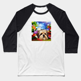 Shih Tzu Face Surrounded by Flowers Baseball T-Shirt